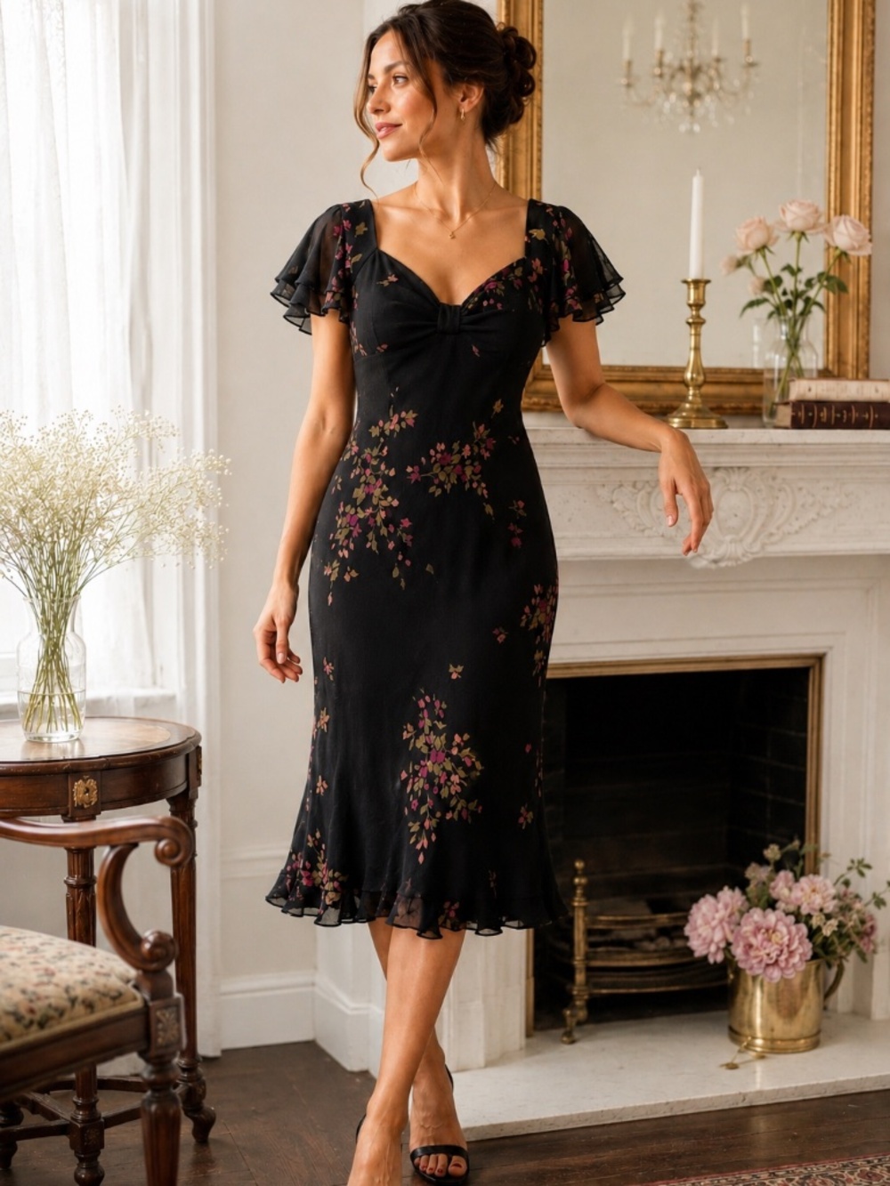 Vintage Y2K August Silk Black Floral Romantic Silk Dress 8